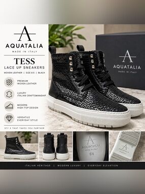 Aquatalia Tess Black Woven Leather Lace Up High Top Sneakers Women’s Size 8.5